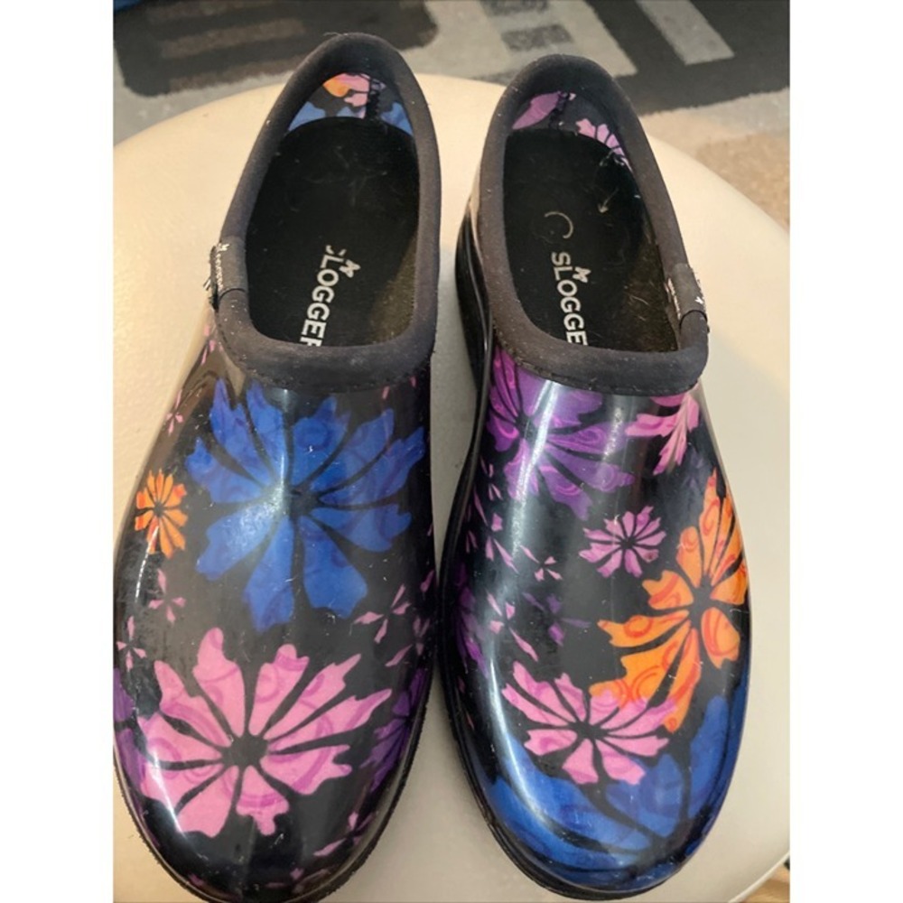 Sloggers Garden Shoes Womens 8 Black Floral Waterproof Slip On Clogs Good